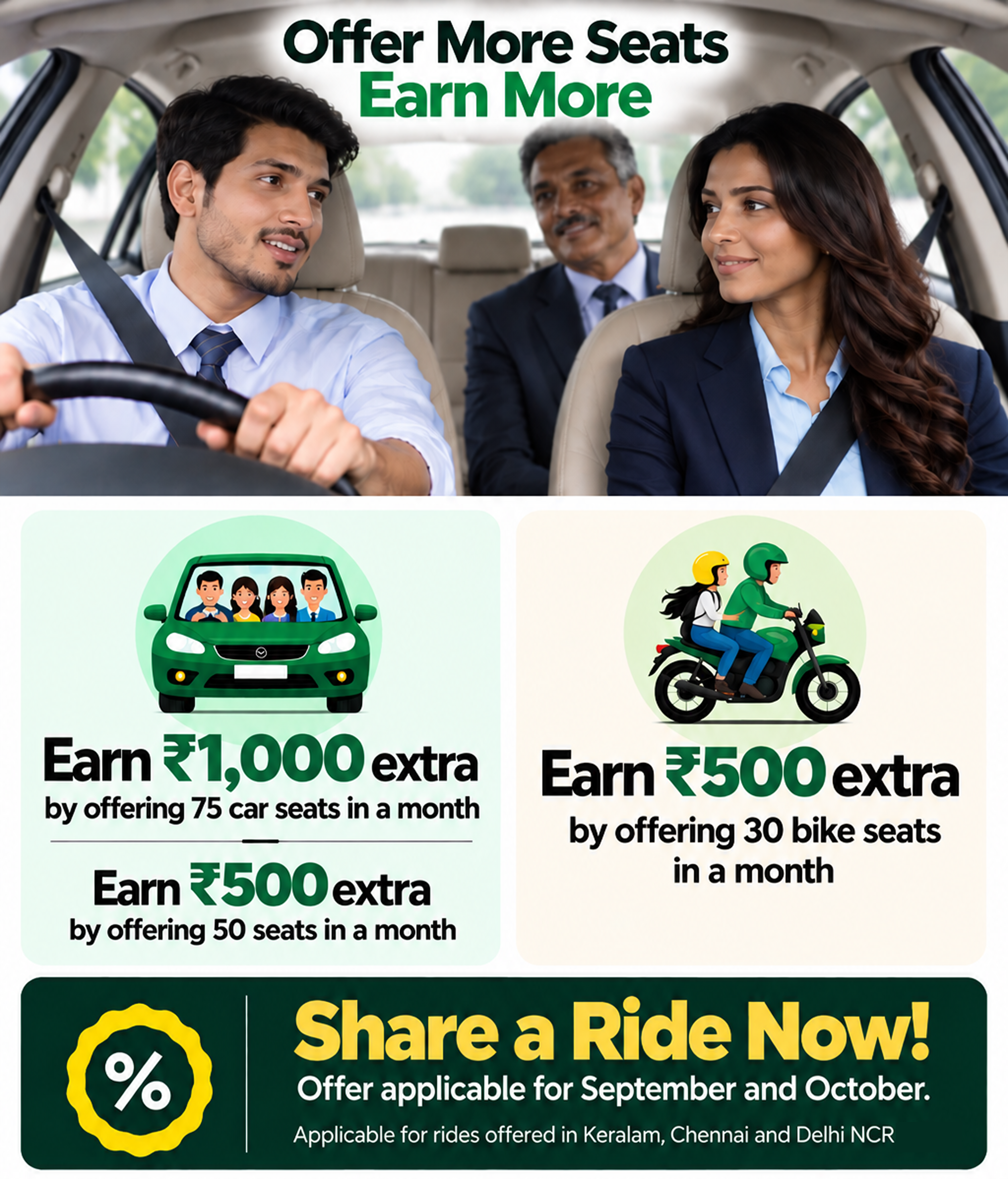 Ride giver offers for Chennai, Delhi, and Kerala